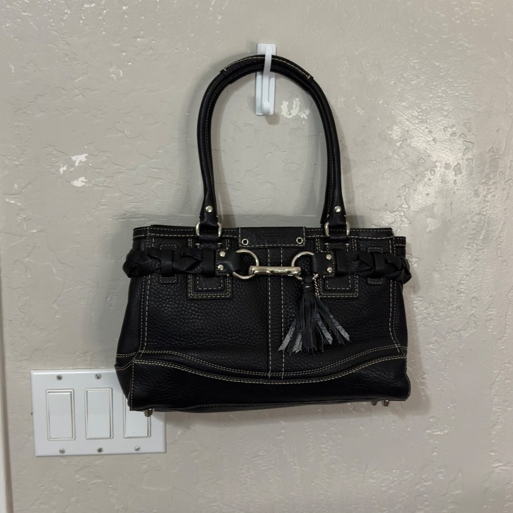 Coach Hampton Braid Gallery Tote Black Pebbled Leather Shoulder Bag F13084
